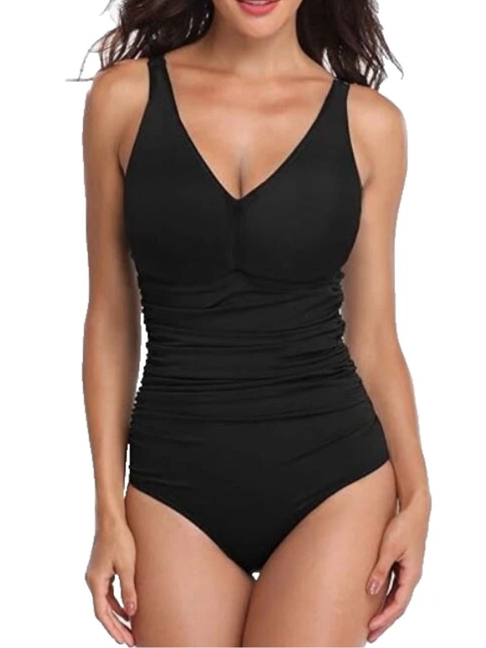 Perona Shirred Tummy Control V Neck Full Coverage Black One Piece Swimsuit Sz 10